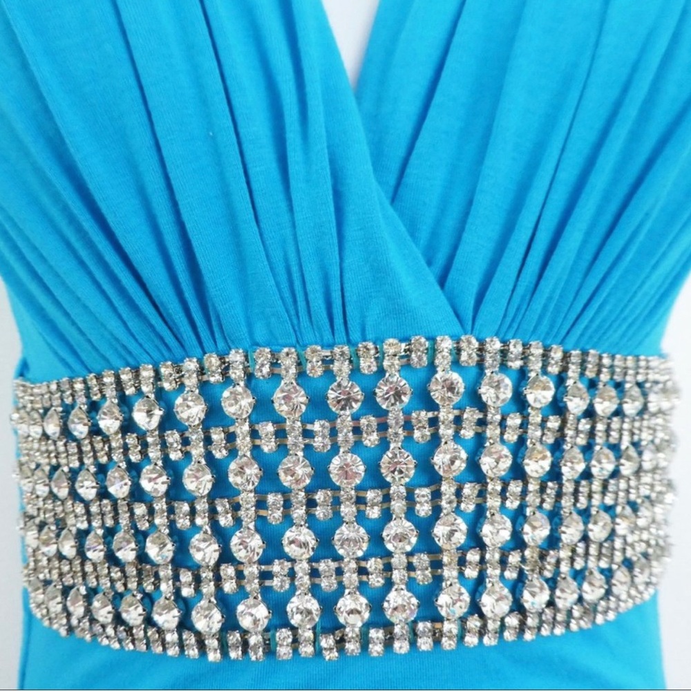 Sky Brand Blue Top Ruched Heavy Rhinestone Waistband Bodycon Cutout Back USA XS - Picture 4 of 9